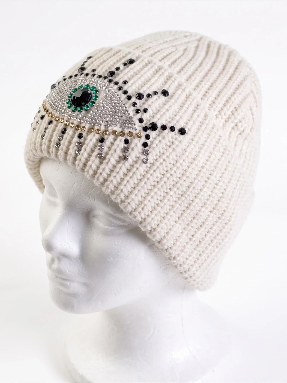 Kurt Geiger London Cream Crystal Evil Eye Wool Blend Beanie NWOT